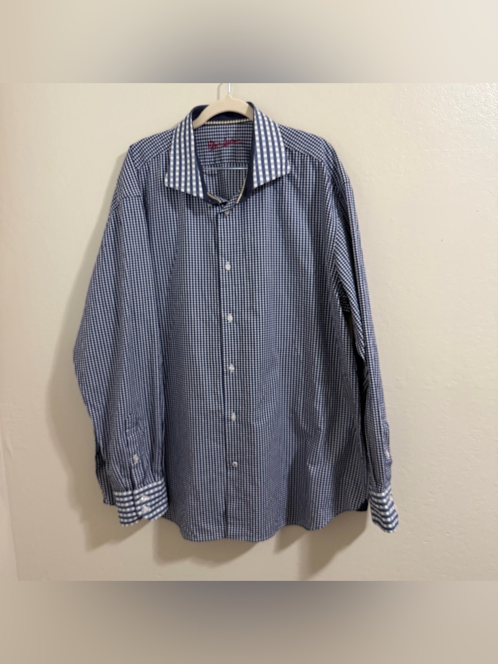🌟 Men's Premium Blue Gingham Contrast Trim Dress Shirt XL/XXL 100% cotton
